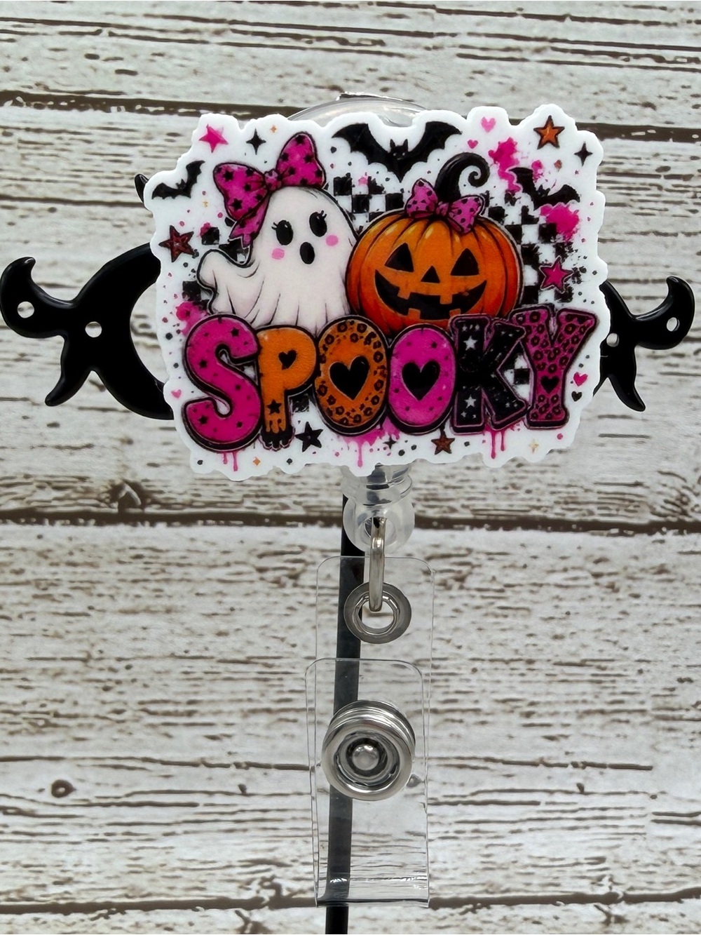 Spooky Halloween Badge Reel with Pink & Orange Graphic